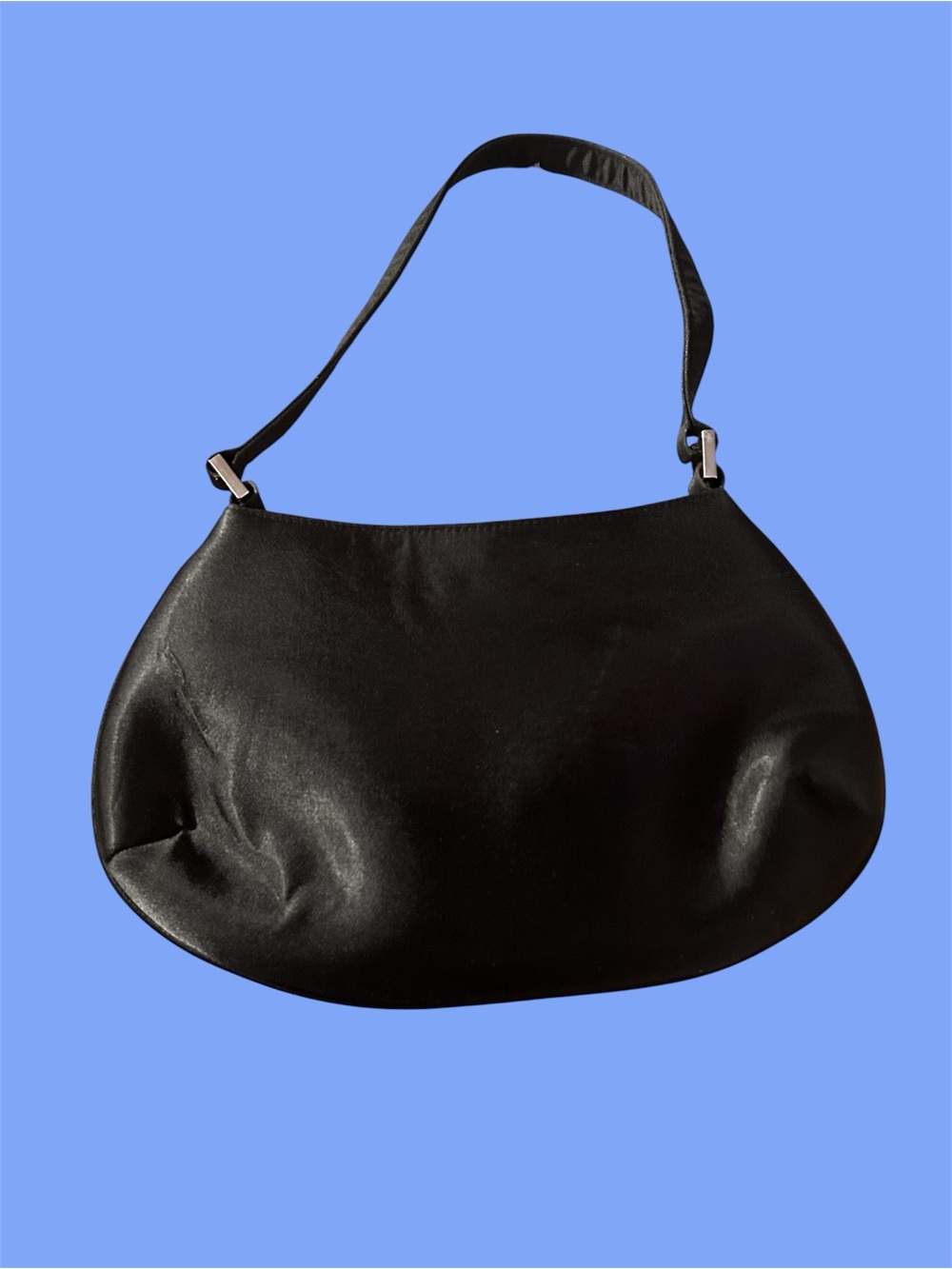 Satin black mini clutch with crossbody strap and attached mirror